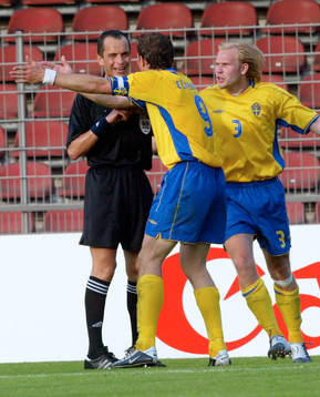 Johan Elmander och Mikael Dorsin, Sverige, i diskussion med