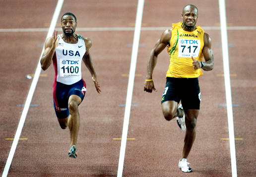 Tyson Gay, USA vinner 100 meter. Asafa Powell, Jamaica bara