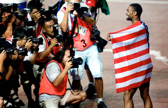Tyson Gay, USA vinner 100 meter. Press, media
