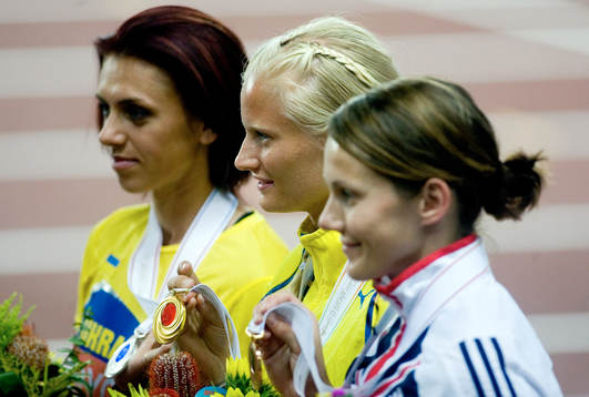 Medaljtrion i sjukampen. Carolina Klüft, Sverige, guld