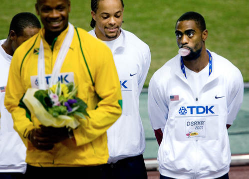 Tyson Gay, USA fick sitt tredje guld och blåste bubblor