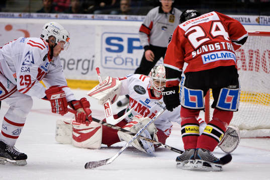 Johan Backlund, Målvakt Timrå och Kimmo Lotvonen mot