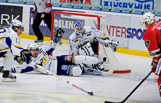 Per Gustafsson, HV71, och Stefan Liv, målvakt, HV71, ser