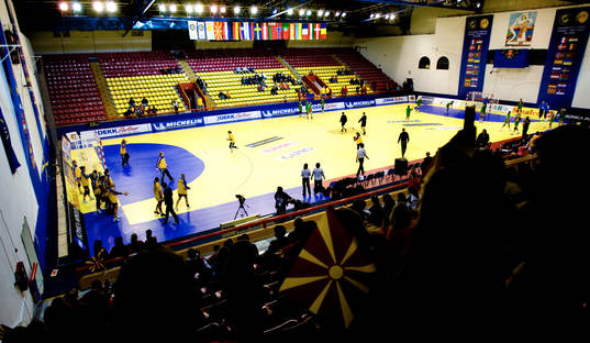 Handbollshall, arena, interiör