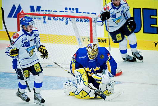 De finska spelarna jubel och Mikael Tellqvist, målvakt,