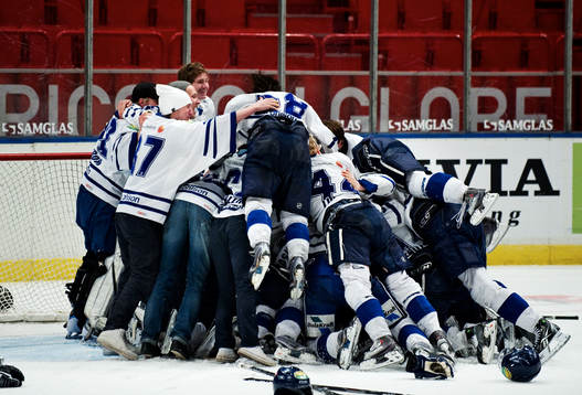 Leksands spelare tar sig ut på isen och jublar när