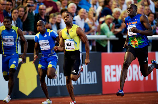Tyson Gay, USA, vinner mot Usain Bolt, Jamaica