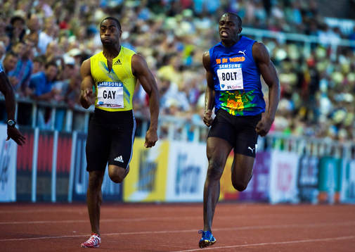 Tyson Gay, USA besegrar Usain Bolt, Jamaica
