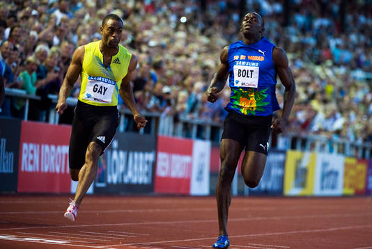 Tyson Gay, USA besegrar Usain Bolt, Jamaica