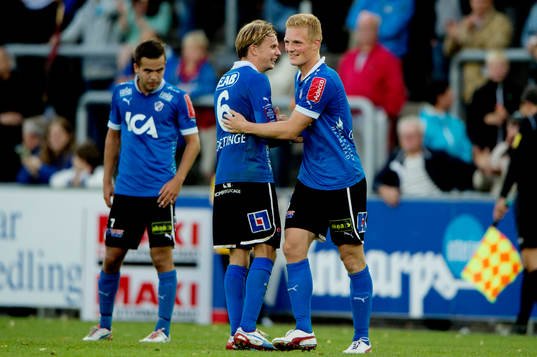 Johan Blomberg, Gudjón Baldvinsson, Halmstad, jubel, 2-0