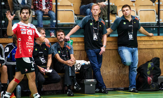 Magnus Johansson, tränare Sävehof och Erik Fritzon,