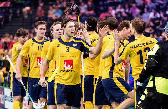 Johannes Larsson, Sverige, gör high five med lagkamraterna