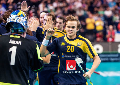 Linus Nordgren, Sverige, gör high five med lagkamraterna