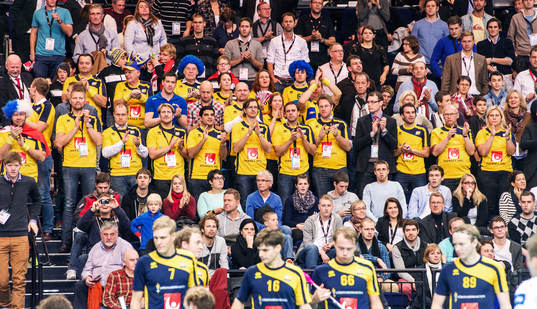 Svenska supportrar står upp och klappar händerna i