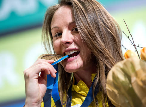 Erica Jarder, Sverige, biter i sitt EM-brons i längdhopp