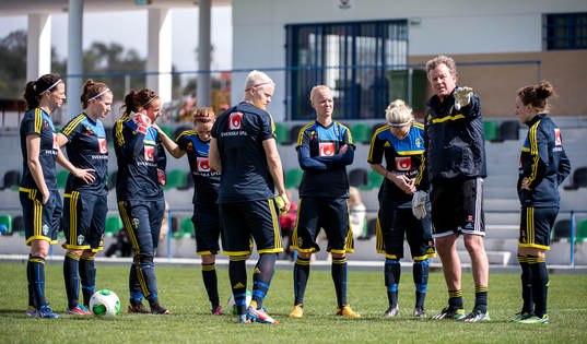 Mikael Olsson, målvaktstränare, håller genomgång för
