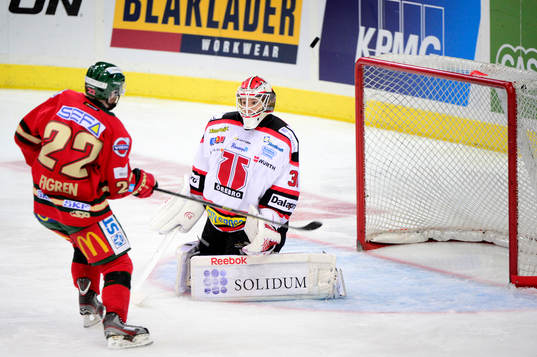 Frölundas Robin Figren skjuter över Örebros målvakt