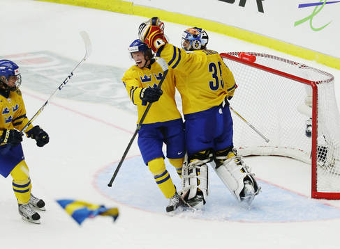 Sverige målvakt Oscar Dansk jublar med bla Linus Arnesson