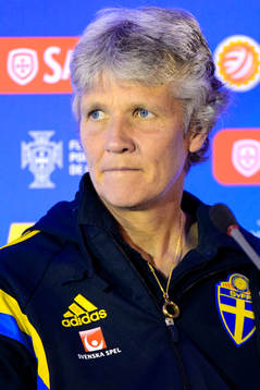 Pia Sundhage, förbundskapten Sverige, på en presskonferens
