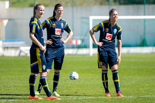 Sveriges Emma Lund, Lotta Schelin och Olivia Schough på en