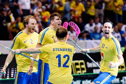 Sveriges Mattias Samuelsson jublar med lagkamrater