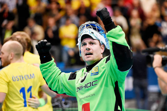 Sveriges målvakt Patrik Åman jublar