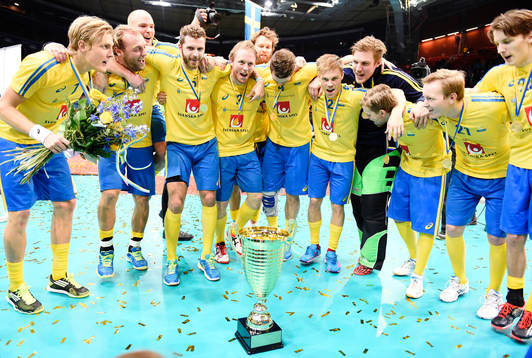 Sveriges spelare jublar med pokalen