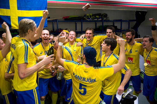 Sveriges spelare firar i omklädningsrummet