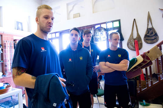 Sveriges målvakt Johan Sjöstrand, Patrik Fahlgren, Niclas