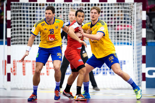 Sveriges Tobias Karlsson (v) och Jesper Nielsen (h)