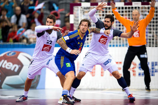Frankrikes Luka Karabatic (v) och Nikola Karabatic (h)