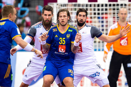 Frankrikes Luka Karabatic (v) och Nikola Karabatic (h)