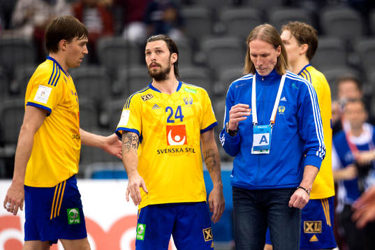 Sveriges Fredrik Petersen och förbundskapten Staffan Olsson