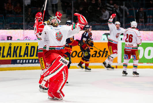 Modos målvakt Linus Ullmark jublar