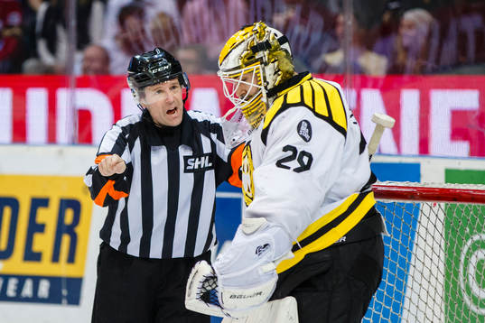 Domare Wolmer Edqvist i diskussion med Brynäs målvakt
