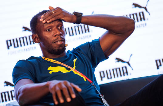 Jamaicas Usain Bolt vid en presskonferens