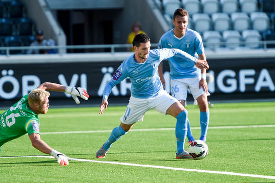 Malmö FFs Agon Mehmeti oroar framför Häckens målvakt