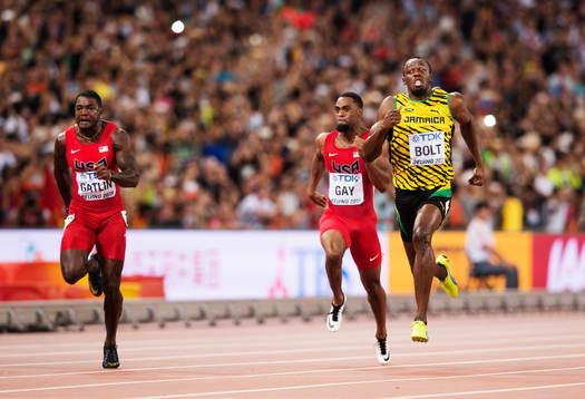 s Justin Gatlin, USA:s Tyson Gay och Jamaicas Usain Bolt