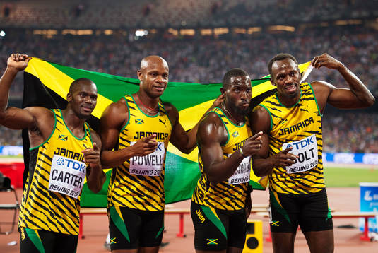 Jamaicas Nesta Carter, Asafa Powell, Nickel Ashmeade och
