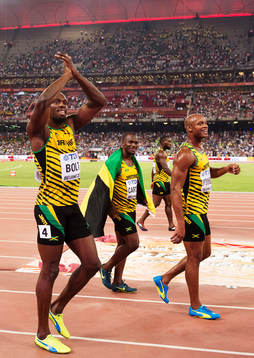 Jamaicas Usain Bolt, Nesta Carter, Nickel Ashmeade och