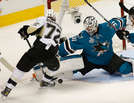 San Jose Sharks goalie Martin Jones (31) blocks a shot by