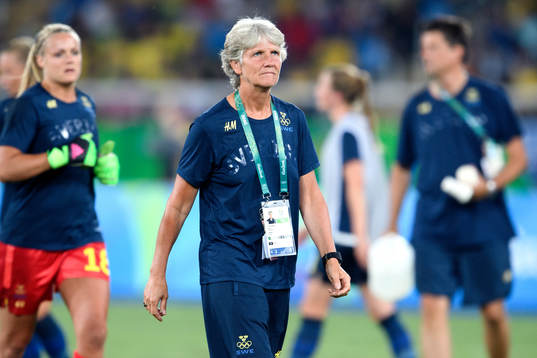 Sveriges förbundskapten Pia Sundhage i fotbollsmatchen