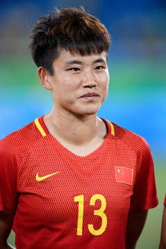 Kinas Fengyue Pang vid lineup innan fotbollsmatchen mellan