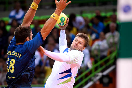 Sloveniens Marko Bezjak i handbollsmatchen mellan Slovenien