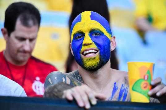 En svensk supporter på läktaren före fotbollsfinalen