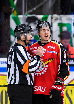 Domare Patrik Sjöberg pratar med Luleås Johan Forsberg