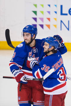 Rangers Mika Zibanejad och Mats Zuccarello jublar