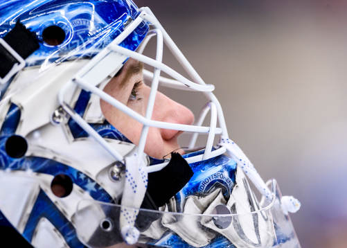 Leksands målvakt Henrik Haukeland på uppvärmningen