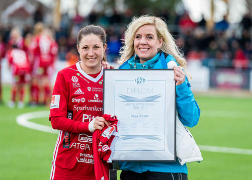 Före matchstart fick Piteå IF Dam pris av PKF