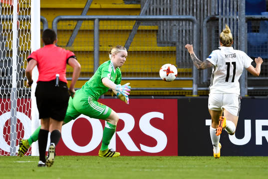Sveriges målvakt Hedvig Lindahl räddar målchans framför